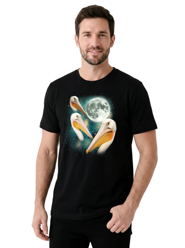 MagicMoon Three Pelican Moon on model, casual lifestyle shot, Funny Animal Shirt