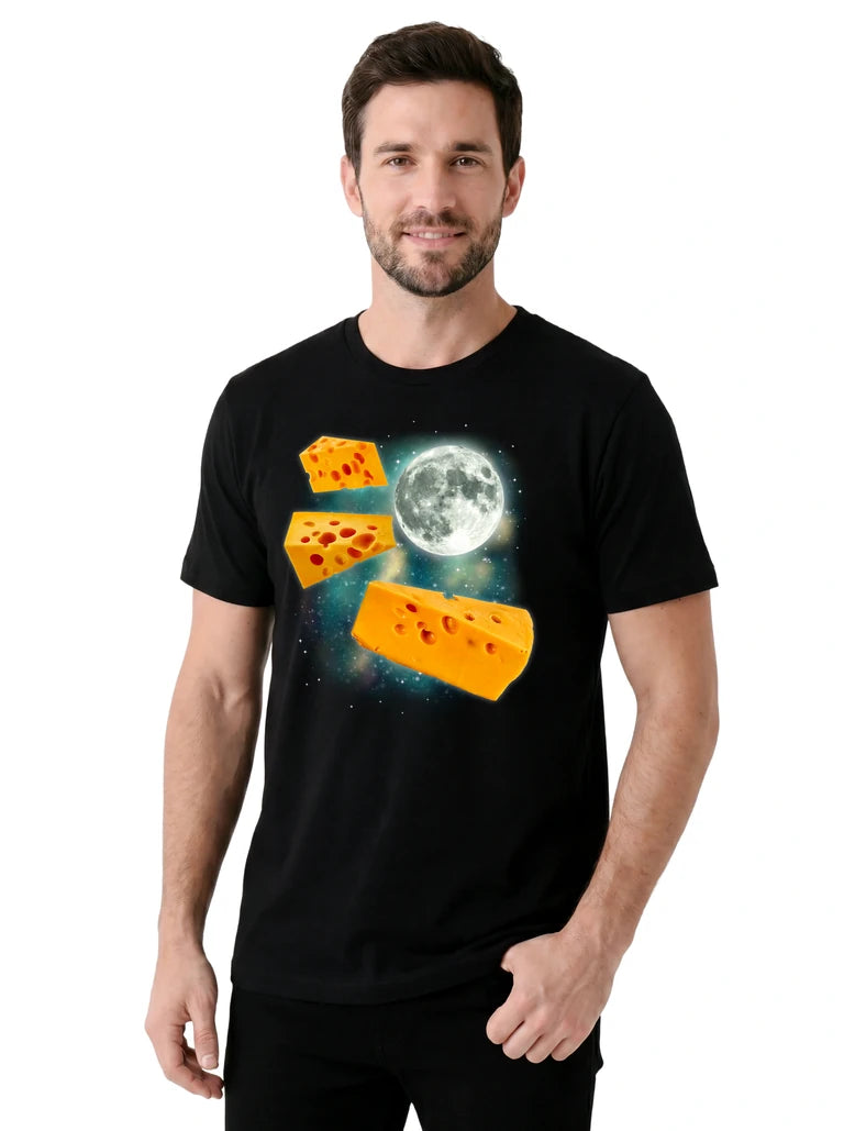MagicMoon Three Cheese Moon on model, casual lifestyle shot, Funny Food Shirt