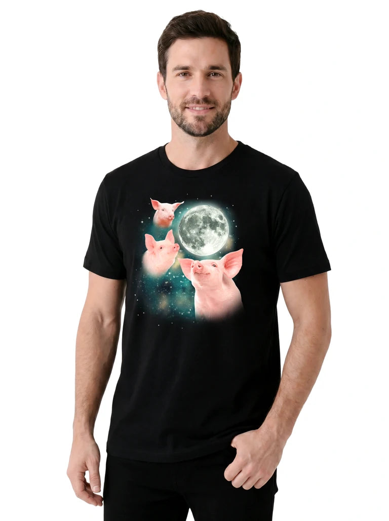 MagicMoon Three Pig Moon on model, casual lifestyle shot, Funny Animal Shirt