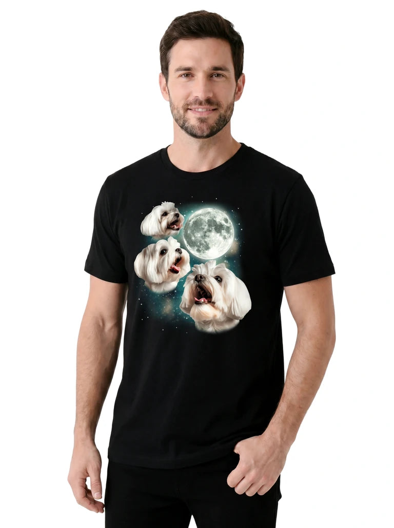 MagicMoon Three Maltese Moon on model, casual lifestyle shot, Funny Animal Shirt