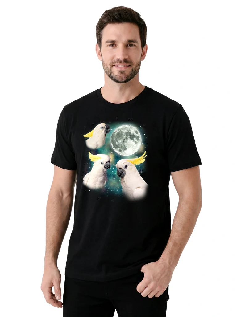 MagicMoon Three Cockatoo Moon on model, casual lifestyle shot, Funny Animal Shirt