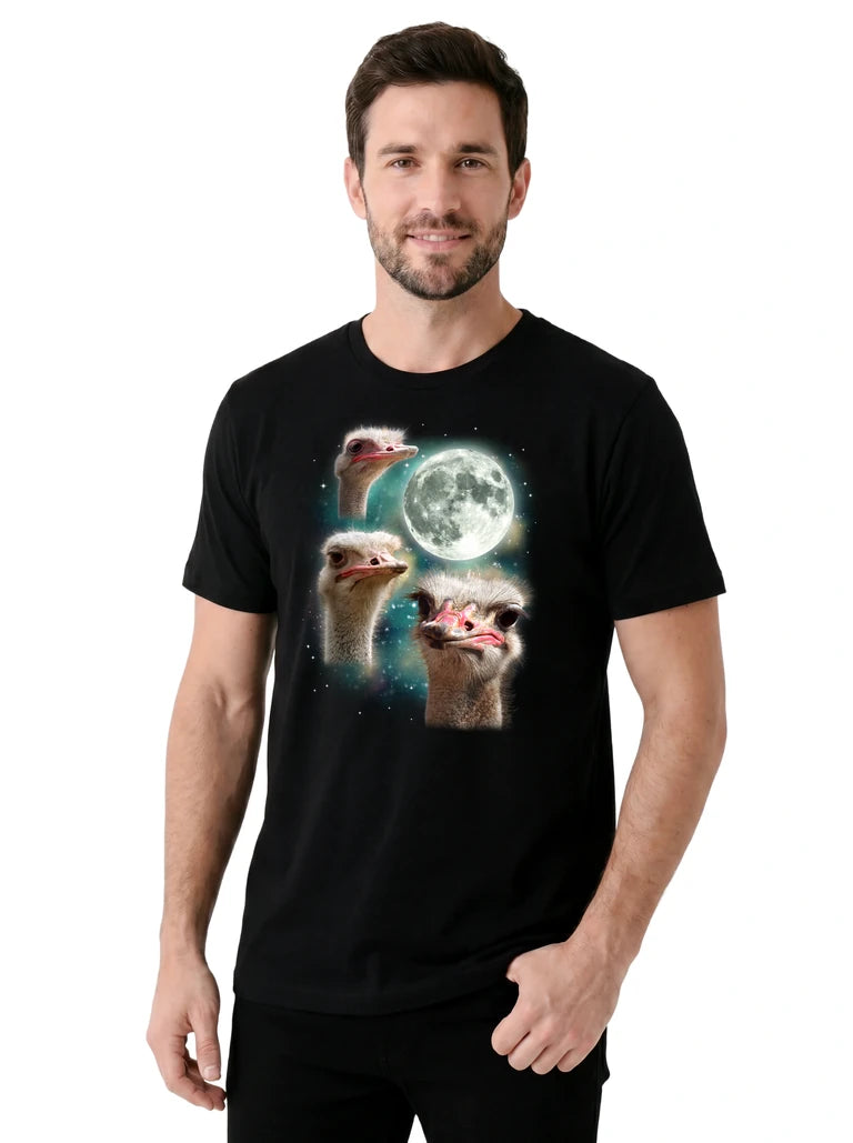 MagicMoon Three Ostrich Moon on model, casual lifestyle shot, Funny Animal Shirt