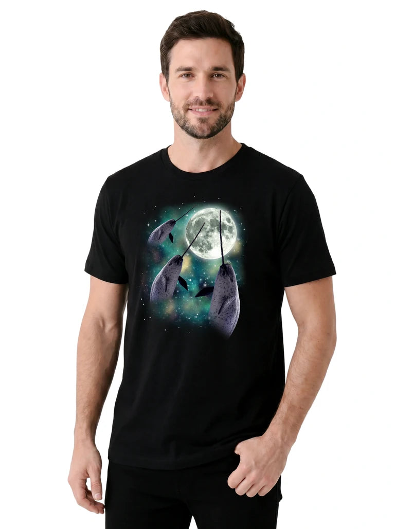 MagicMoon Three Narwhal Moon on model, casual lifestyle shot, Funny Animal Shirt
