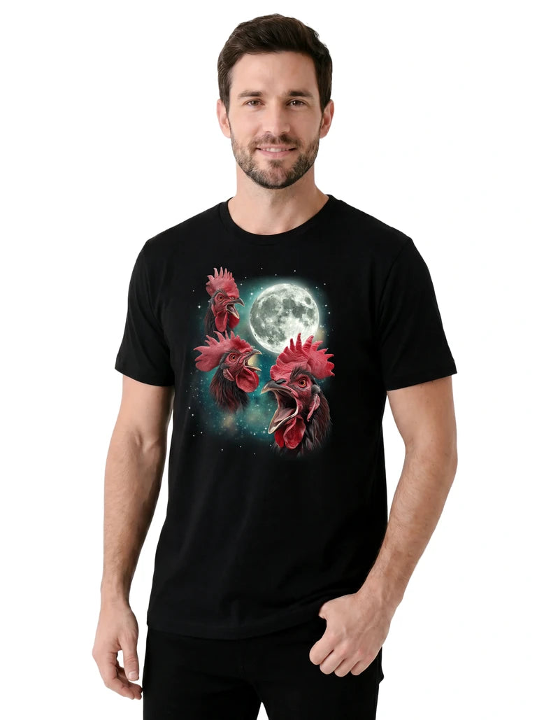 MagicMoon Three Rooster Moon on model, casual lifestyle shot, Funny Animal Shirt