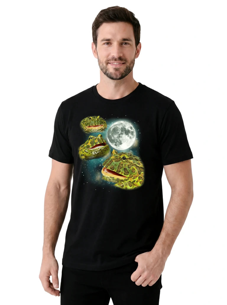 MagicMoon Three Pacman Frog Moon on model, casual lifestyle shot, Funny Animal Shirt