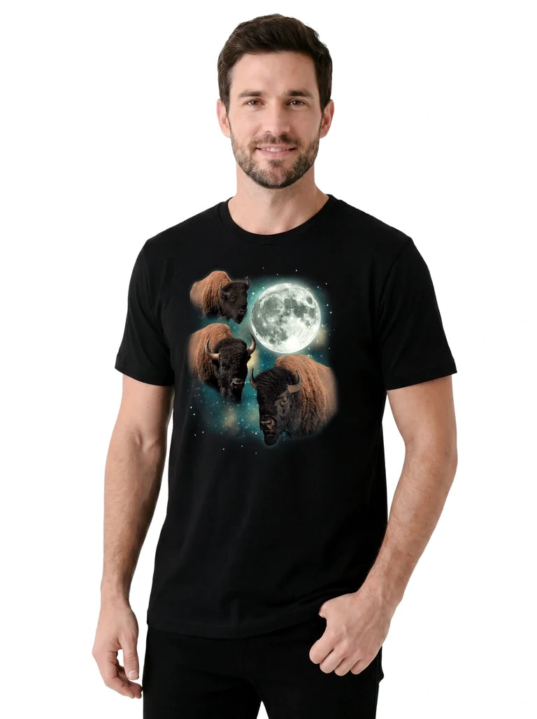 MagicMoon Three Bison Moon on model, casual lifestyle shot, Funny Animal Shirt