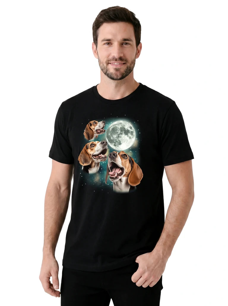 MagicMoon Three Beagle Moon on model, casual lifestyle shot, Funny Animal Shirt