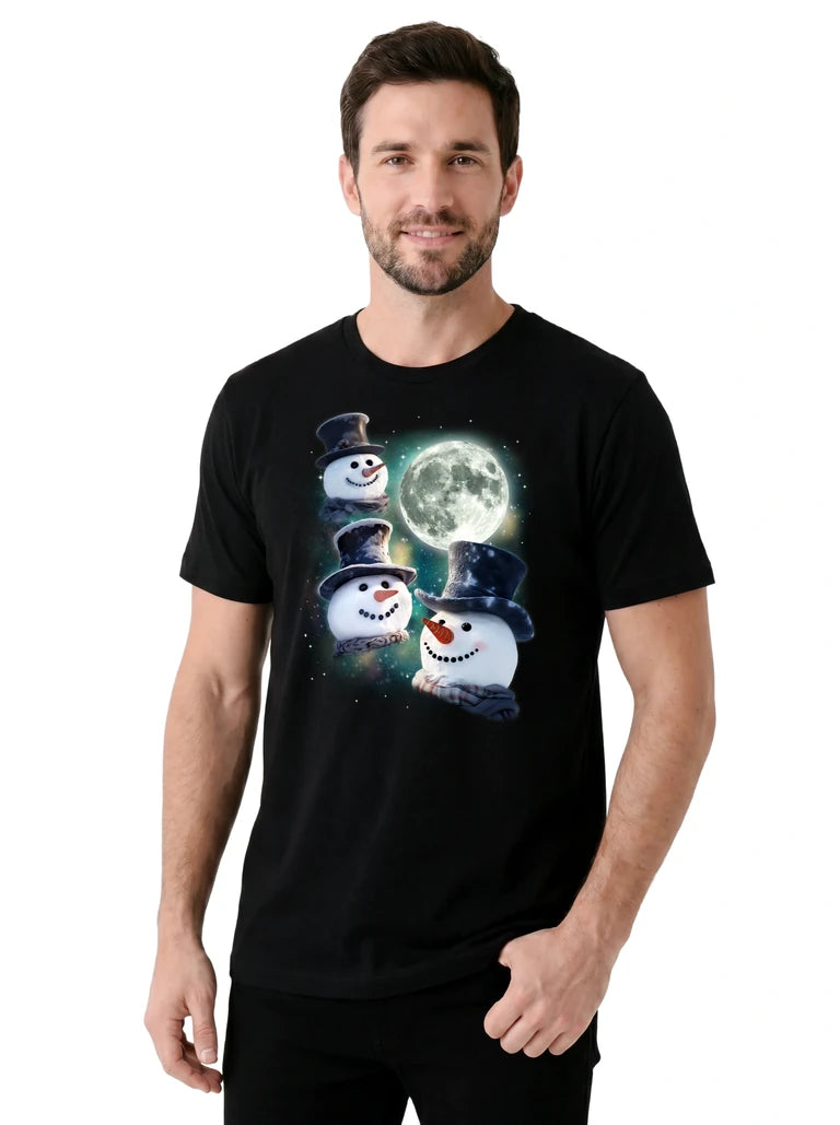 MagicMoon Three Snowman Moon on model, casual lifestyle shot, Christmas Gift Shirt