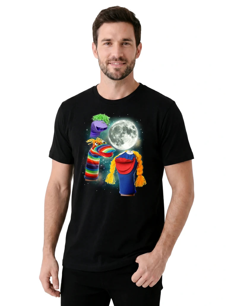 MagicMoon Three Sock Puppet Moon on model, casual lifestyle shot, Funny Novelty Shirt