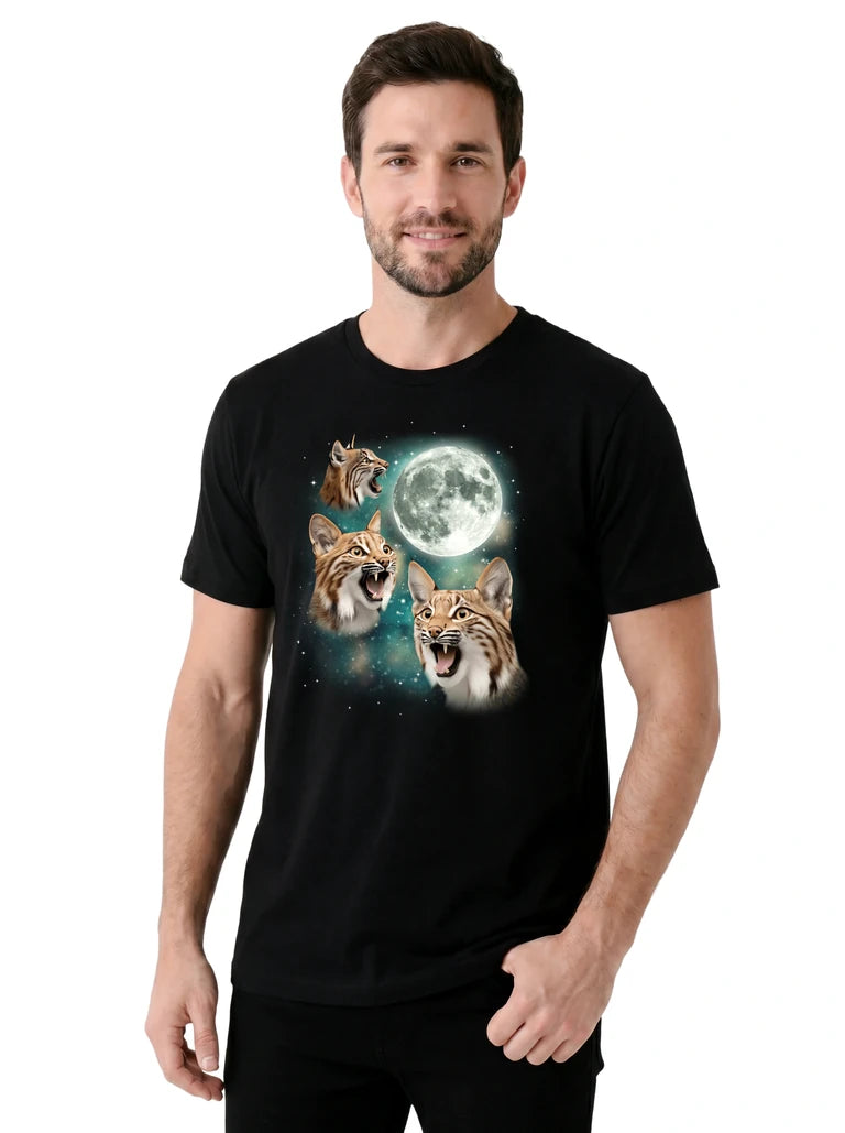 MagicMoon Three Lynx Moon on model, casual lifestyle shot, Funny Animal Shirt