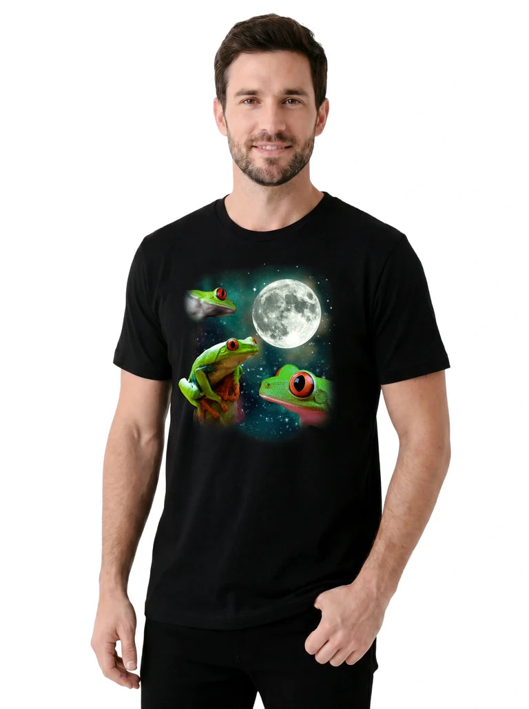 MagicMoon Three Tree Frog Moon on model, casual lifestyle shot, Funny Animal Shirt