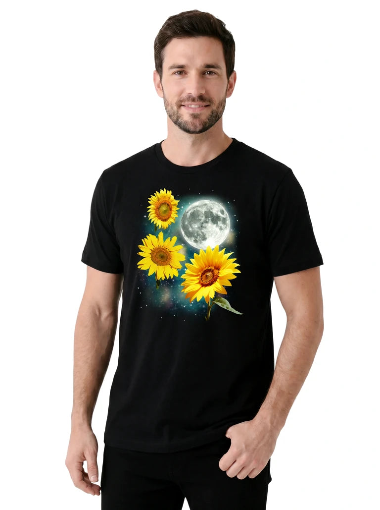 MagicMoon Three Sunflower Moon on model, casual lifestyle shot, Funny Novelty Shirt