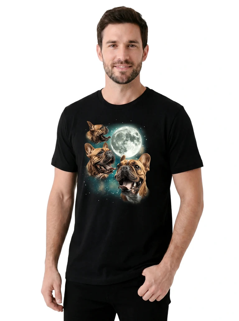 MagicMoon Three French Bulldog Brown Moon on model, casual lifestyle shot, Funny Animal Shirt