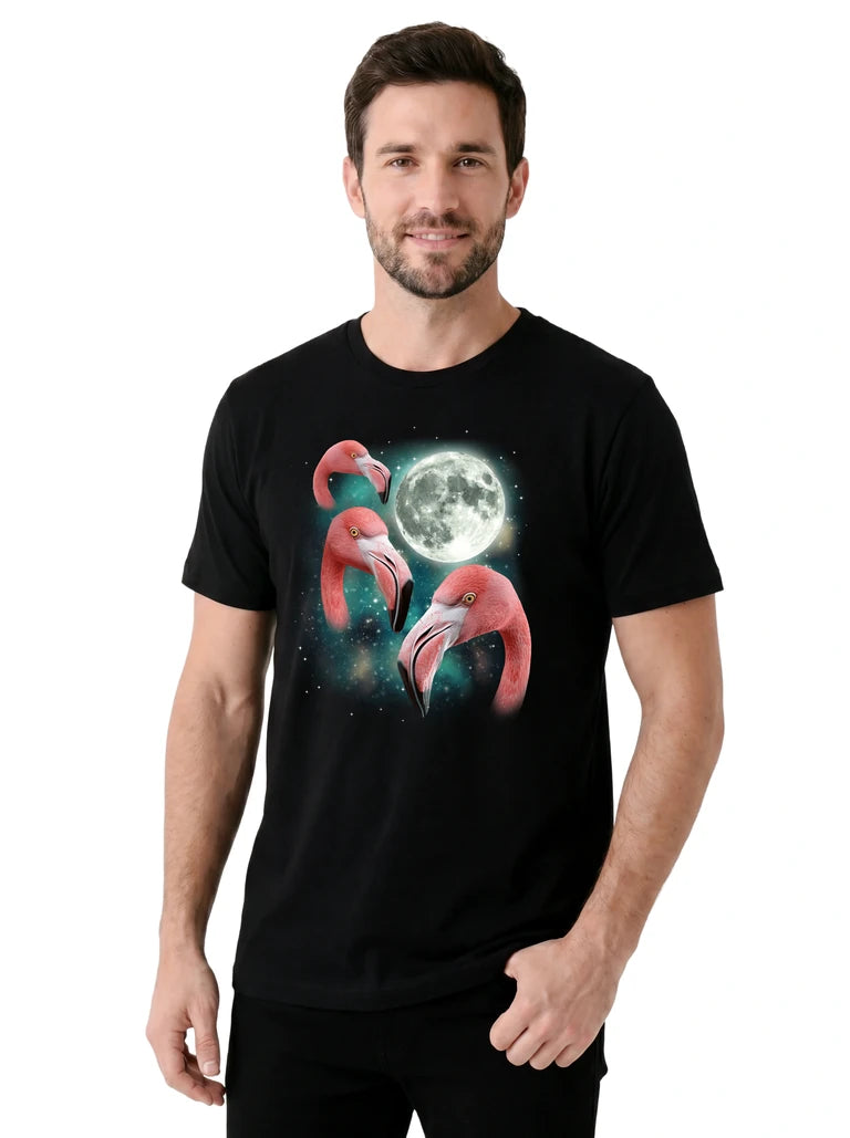 MagicMoon Three Flamingo Moon on model, casual lifestyle shot, Funny Animal Shirt