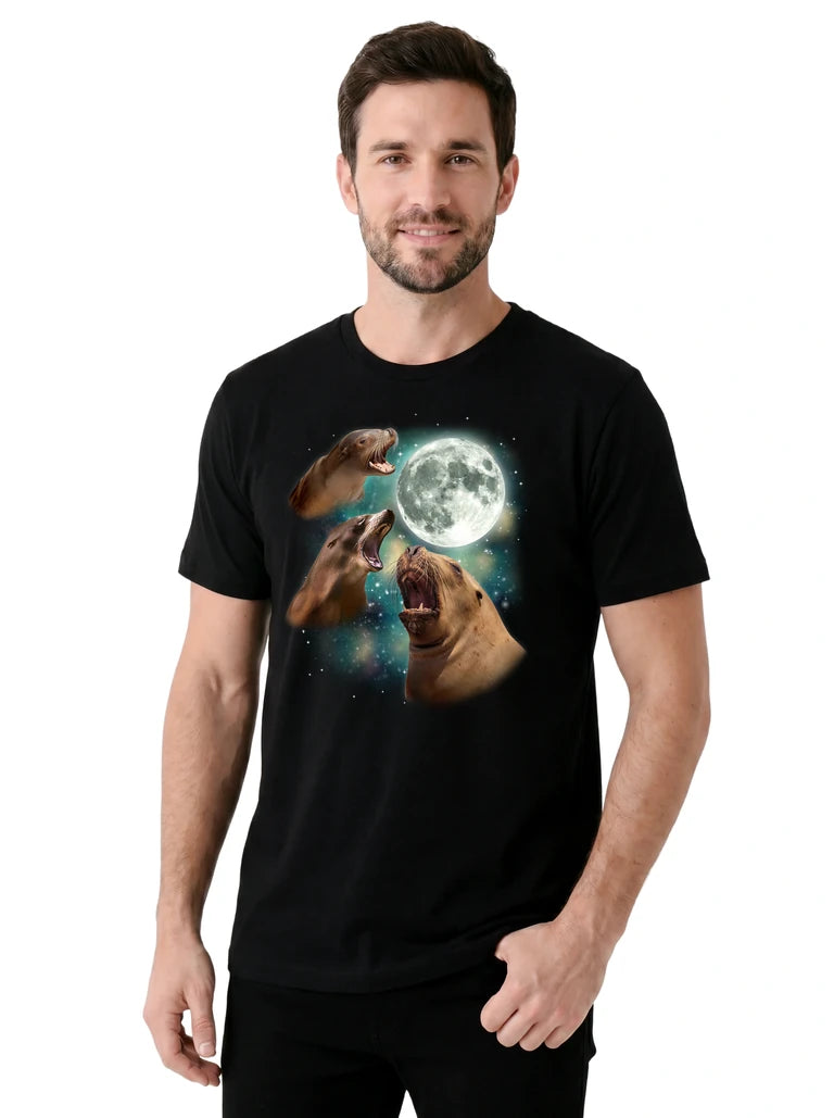 MagicMoon Three Seals Moon on model, casual lifestyle shot, Funny Animal Shirt