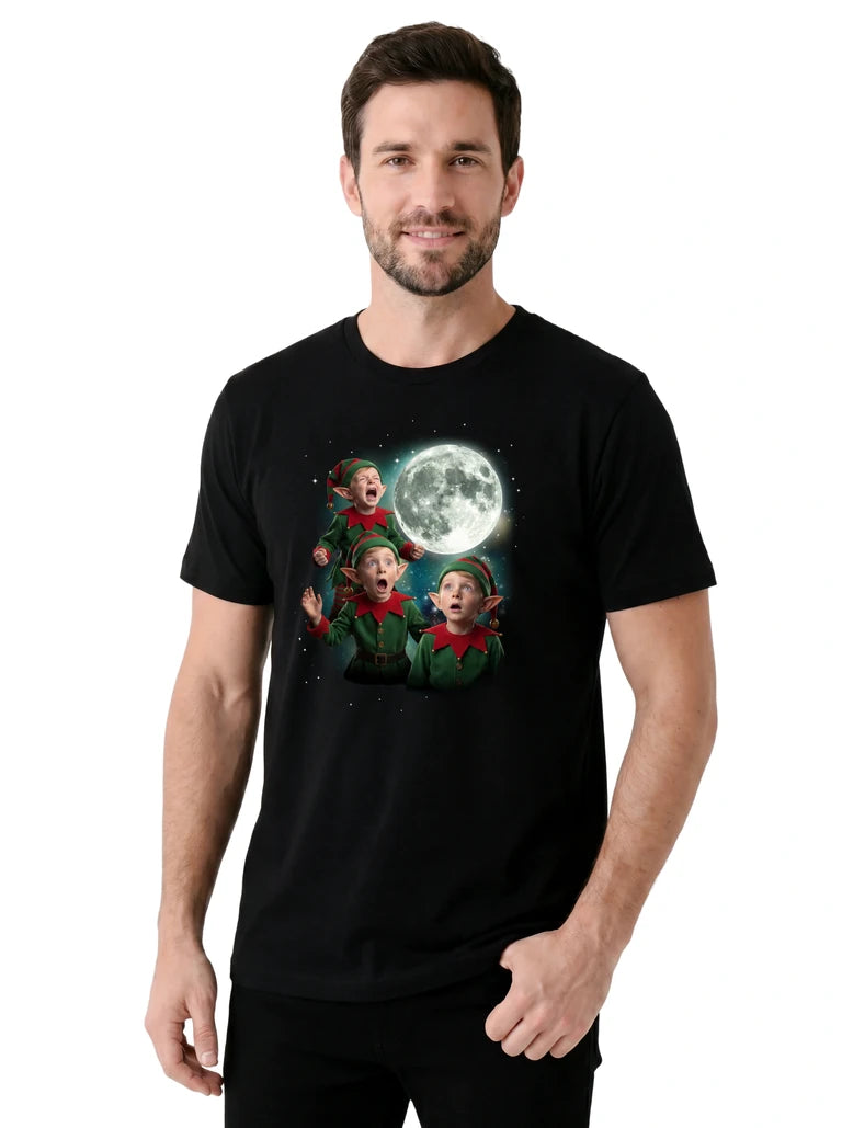 MagicMoon Three Christmas Elf Moon on model, casual lifestyle shot, Christmas Gift Shirt