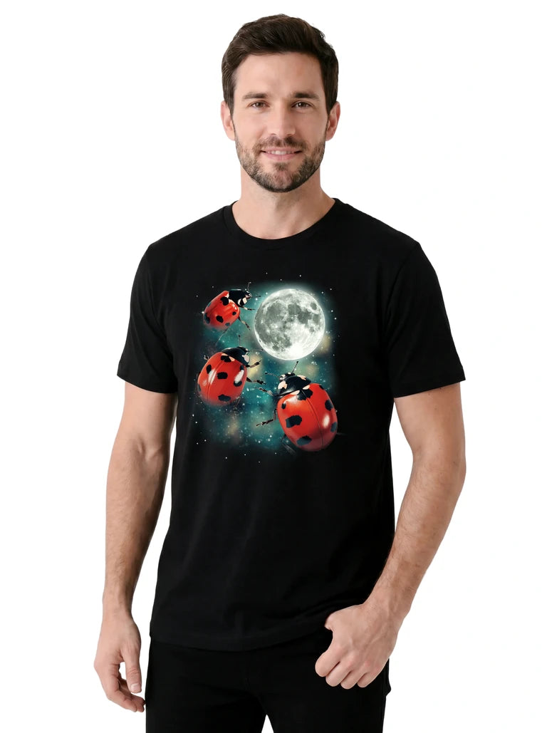 MagicMoon Three Ladybug Moon on model, casual lifestyle shot, Funny Animal Shirt