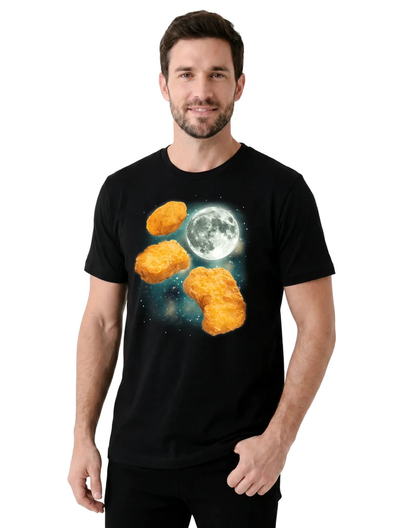 MagicMoon Three Chicken Nugget Moon on model, casual lifestyle shot, Funny Food Shirt