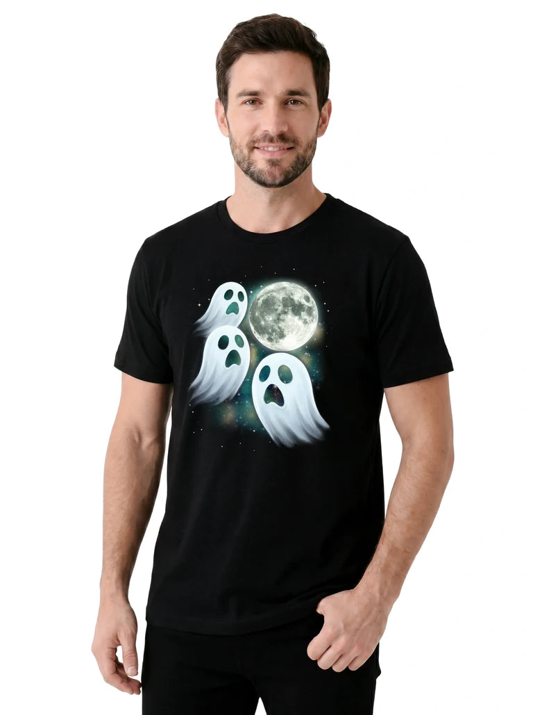 MagicMoon Three Ghost Moon on model, casual lifestyle shot, Halloween Costume Shirt