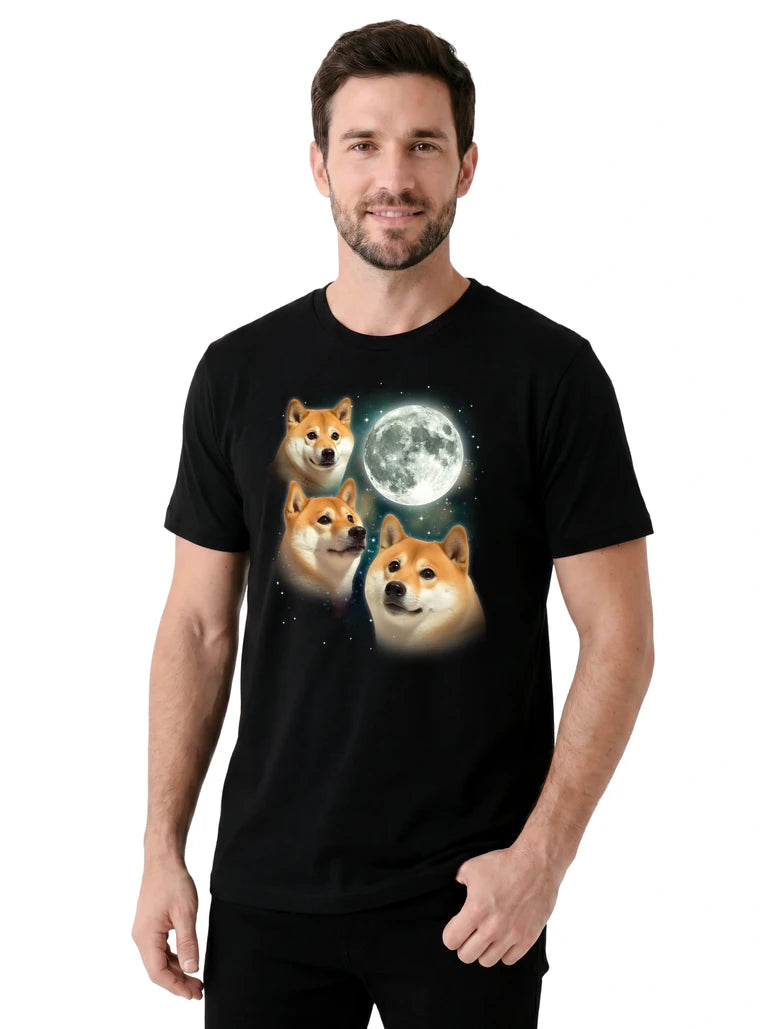 MagicMoon Three Doge Moon on model, casual lifestyle shot, Funny Animal Shirt