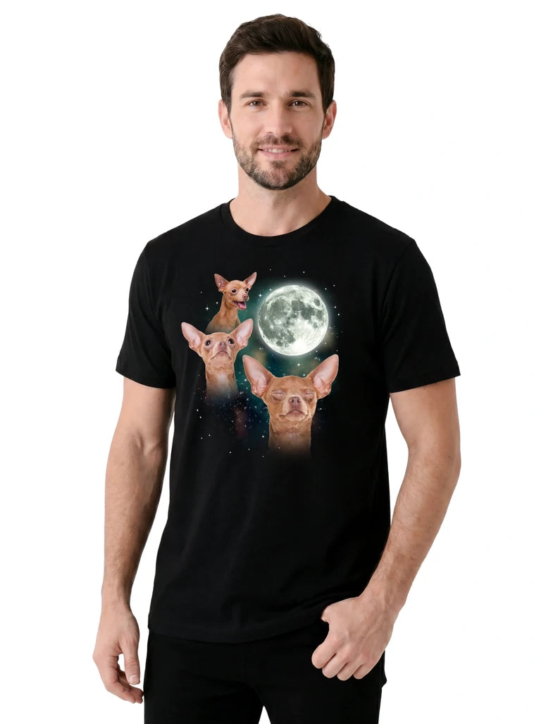 MagicMoon Three Chihuahua Moon on model, casual lifestyle shot, Funny Animal Shirt