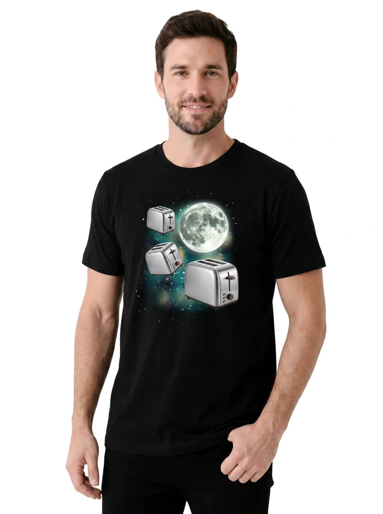 MagicMoon Three Toaster Moon on model, casual lifestyle shot, Funny Novelty Shirt
