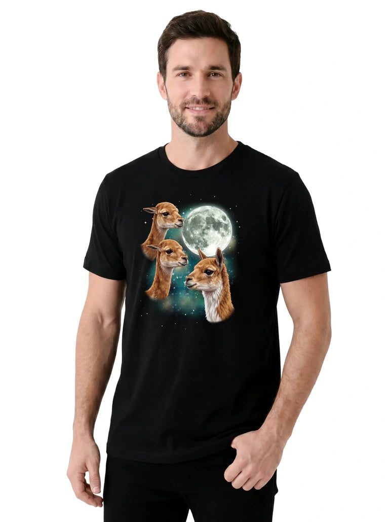 MagicMoon Three Vicuna Moon on model, casual lifestyle shot, Funny Animal Shirt