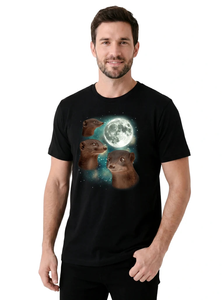 MagicMoon Three Mongoose Moon on model, casual lifestyle shot, Funny Animal Shirt