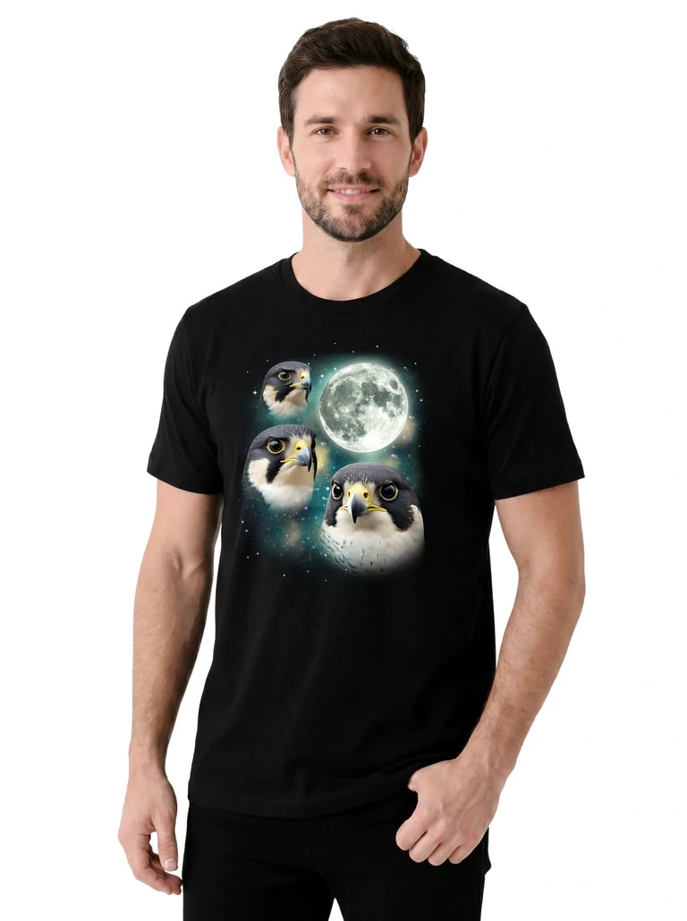 MagicMoon Three Falcon Moon on model, casual lifestyle shot, Funny Animal Shirt
