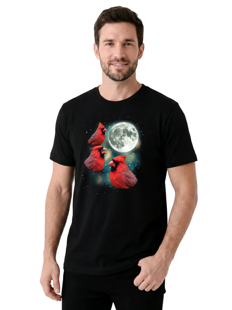 MagicMoon Three Cardinal Moon on model, casual lifestyle shot, Funny Animal Shirt