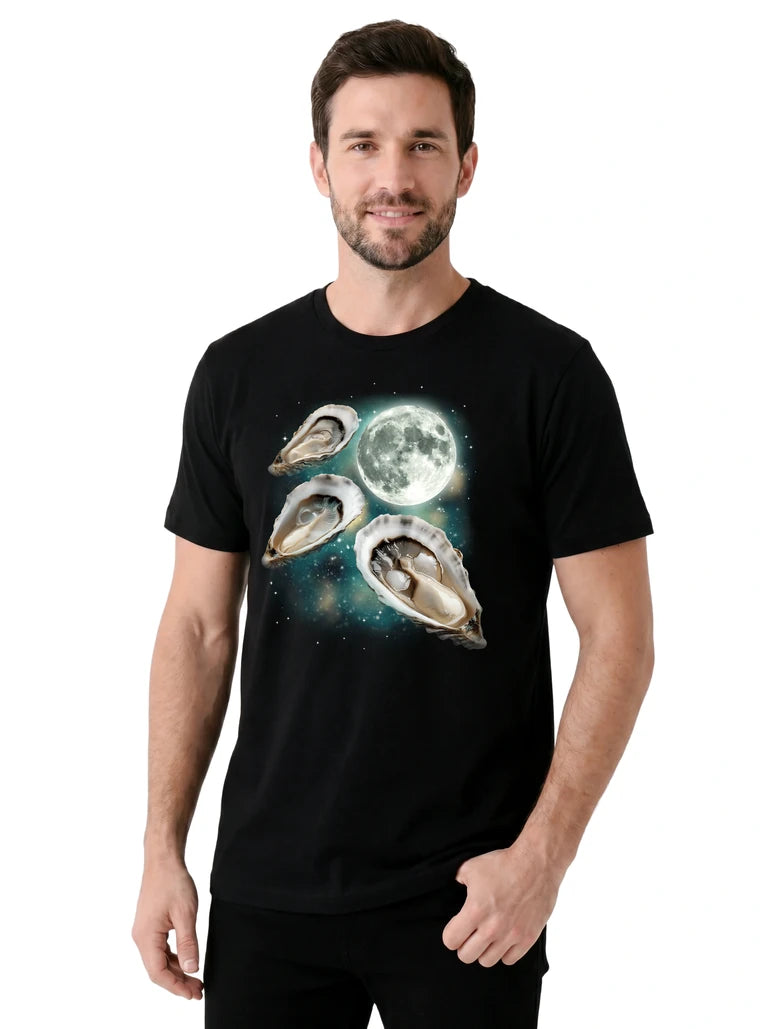 MagicMoon Three Oyster Moon on model, casual lifestyle shot, Funny Animal Shirt