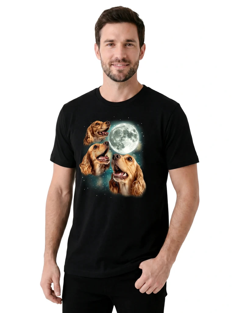 MagicMoon Three Cocker Spaniel Moon on model, casual lifestyle shot, Funny Animal Shirt