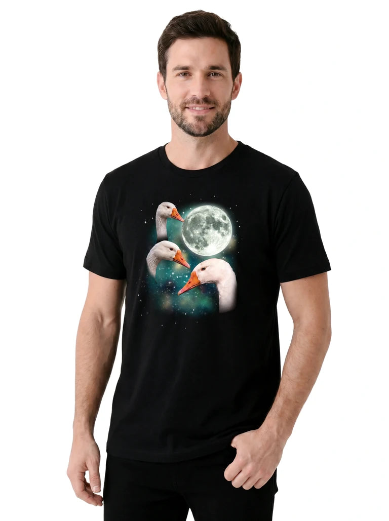 MagicMoon Three Goose Moon on model, casual lifestyle shot, Funny Animal Shirt