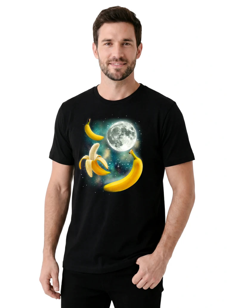 MagicMoon Three Banana Moon on model, casual lifestyle shot, Funny Food Shirt