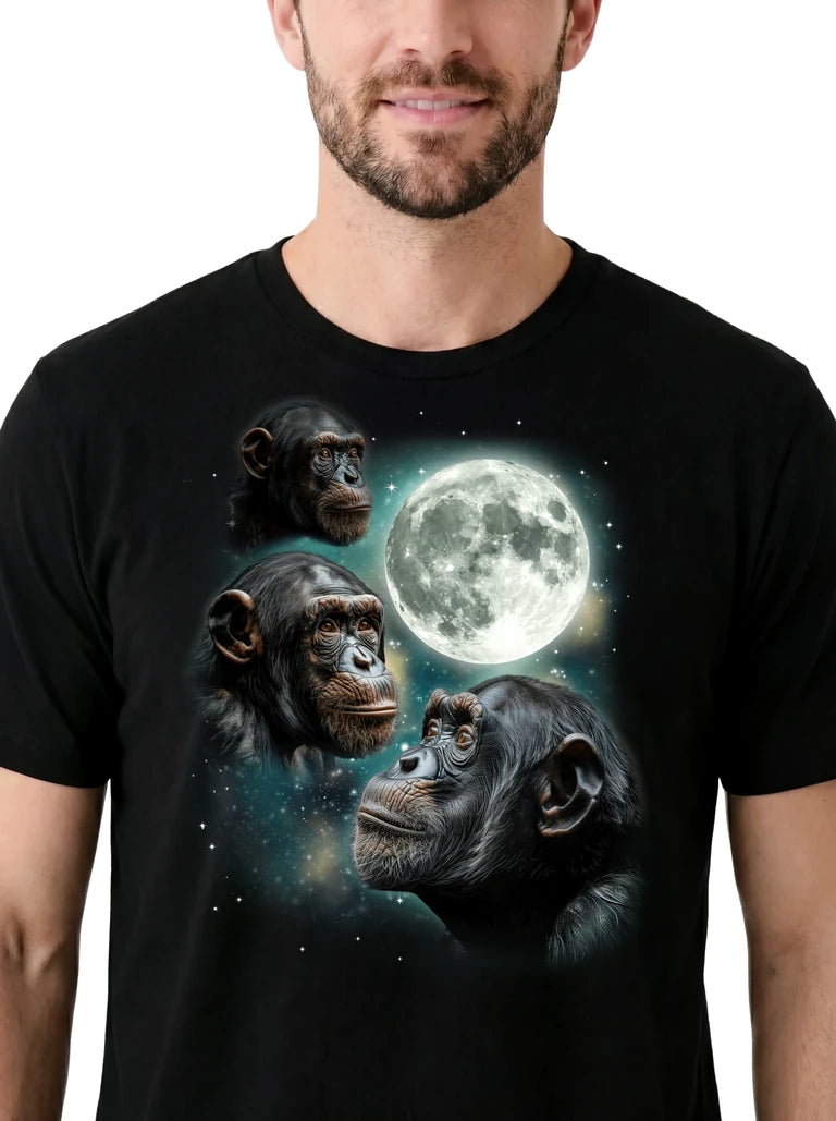 MagicMoon Three Chimpanzee Moon on model, design detail view, Funny Animal Shirt