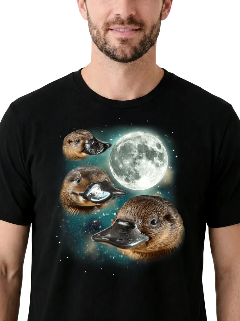 MagicMoon Three Platypus Moon on model, design detail view, Funny Animal Shirt