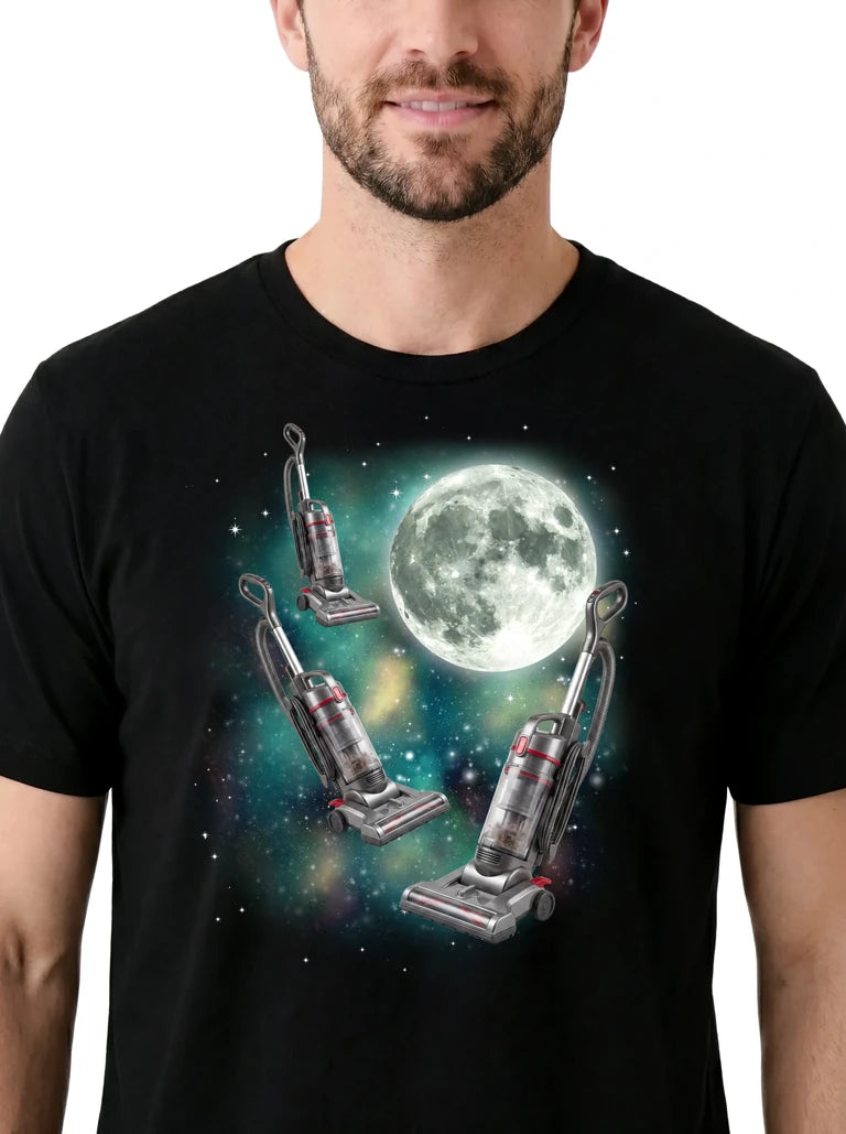 MagicMoon Three Vacuum Moon on model, design detail view, Funny Novelty Shirt