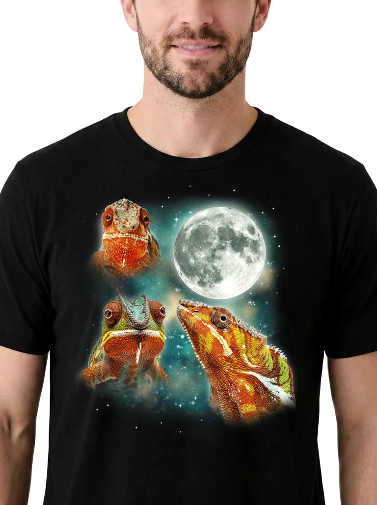 MagicMoon Three Chameleon Moon on model, design detail view, Funny Animal Shirt