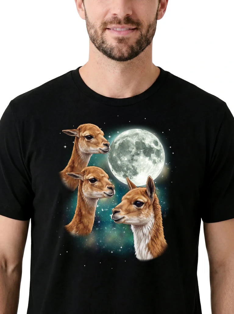 MagicMoon Three Vicuna Moon on model, design detail view, Funny Animal Shirt