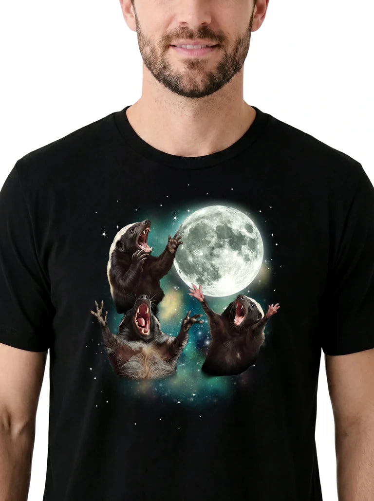 MagicMoon Three Honey Badger Moon on model, design detail view, Funny Animal Shirt