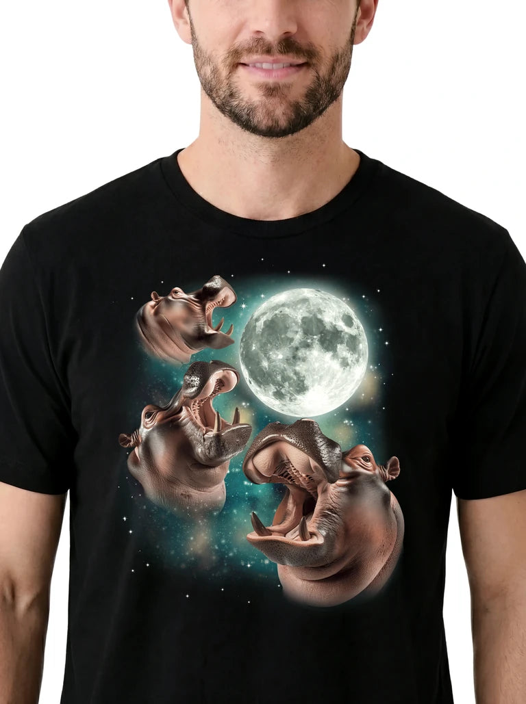 MagicMoon Three Hippopotamus Moon on model, design detail view, Funny Animal Shirt