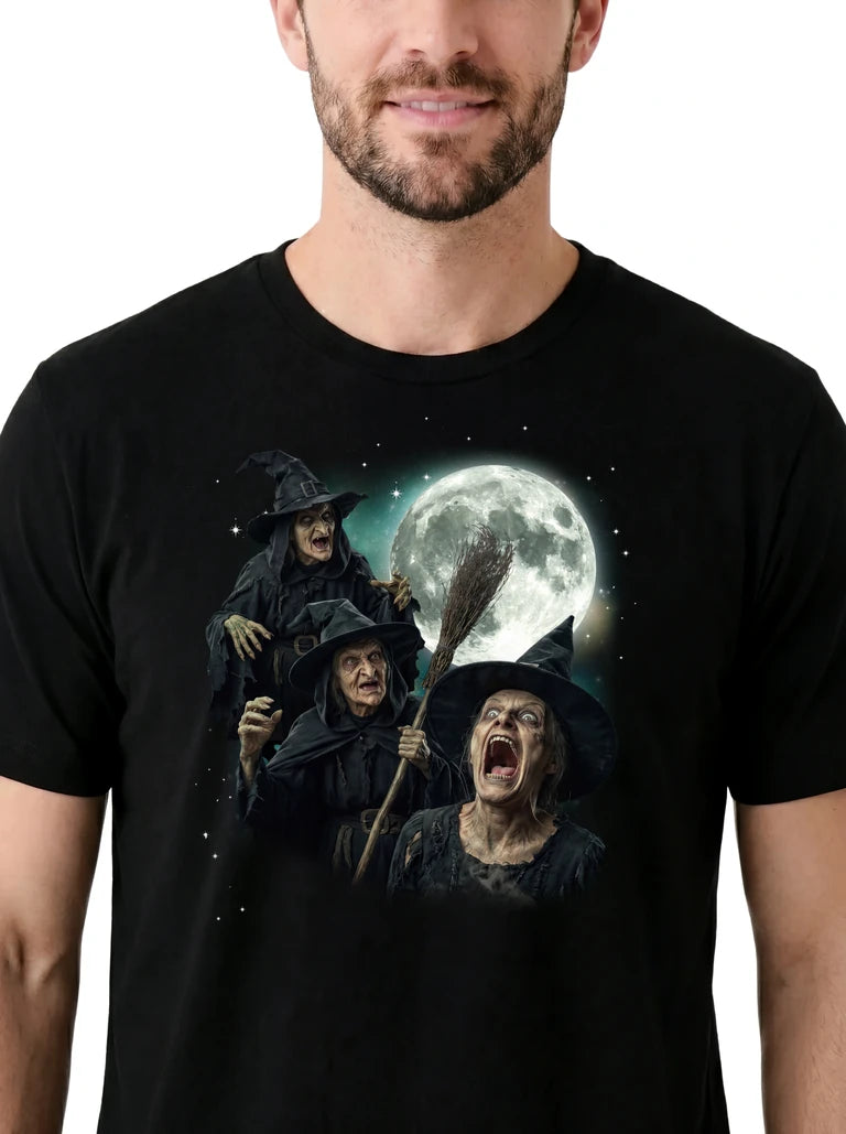 MagicMoon Three Witch Moon on model, design detail view, Halloween Costume Shirt