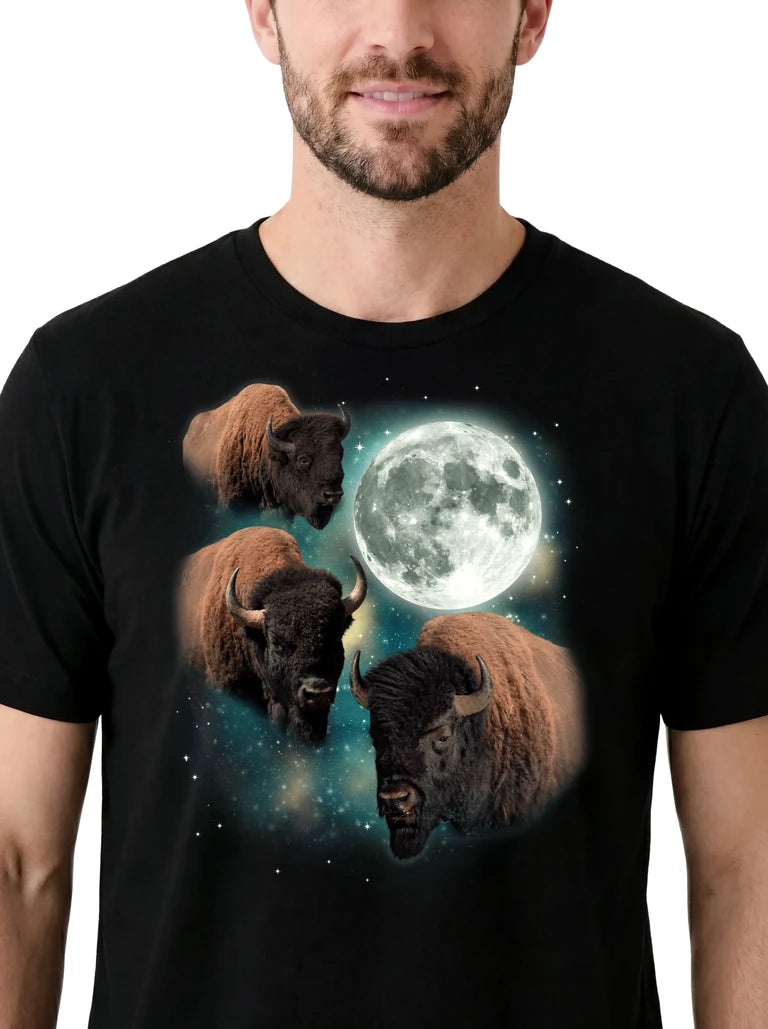 MagicMoon Three Bison Moon on model, design detail view, Funny Animal Shirt