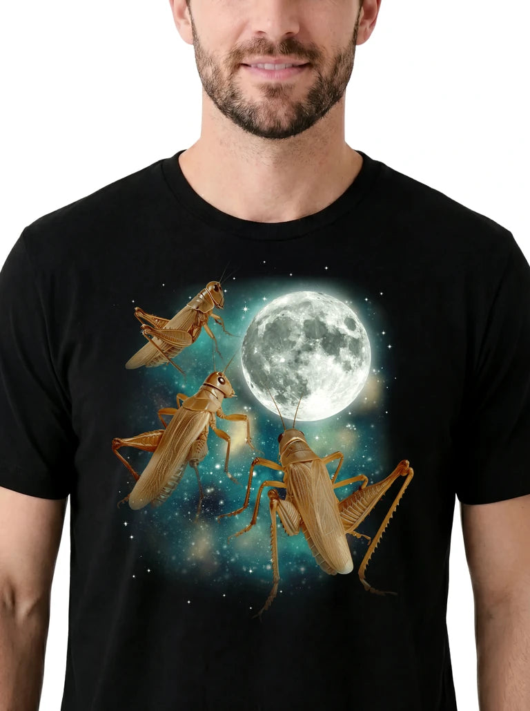 MagicMoon Three Cricket Moon on model, design detail view, Funny Animal Shirt