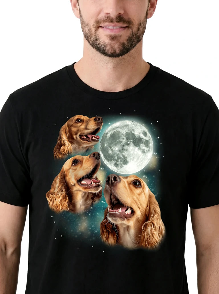 MagicMoon Three Cocker Spaniel Moon on model, design detail view, Funny Animal Shirt
