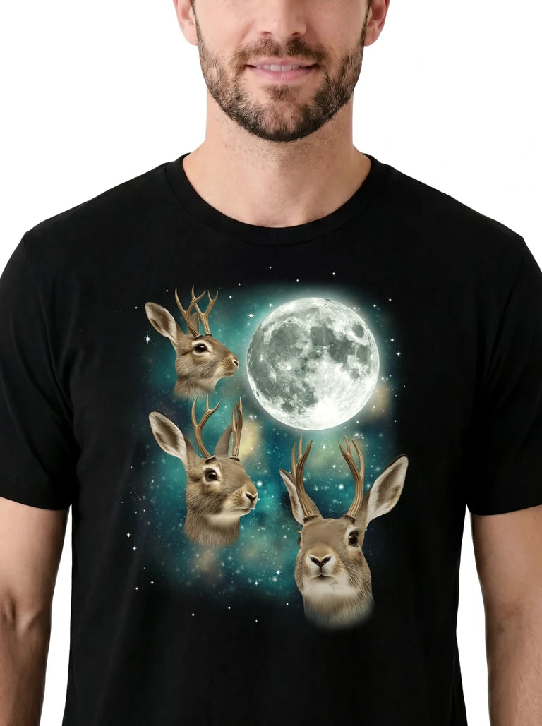 MagicMoon Three Jackalope Moon on model, design detail view, Funny Novelty Shirt