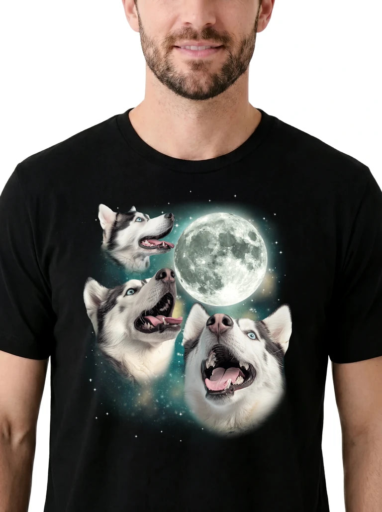 MagicMoon Three Siberian Husky Moon on model, design detail view, Funny Animal Shirt