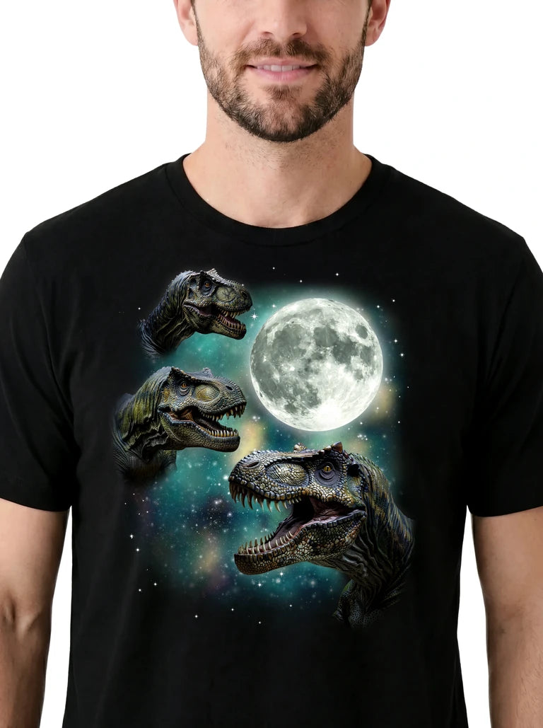 MagicMoon Three T-Rex Moon on model, design detail view, Funny Novelty Shirt