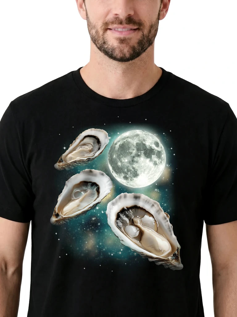 MagicMoon Three Oyster Moon on model, design detail view, Funny Animal Shirt