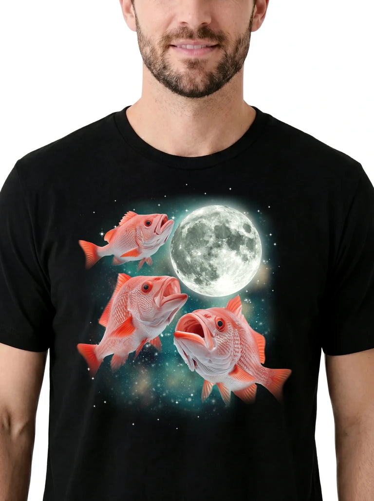 MagicMoon Three Snapper Moon on model, design detail view, Funny Animal Shirt